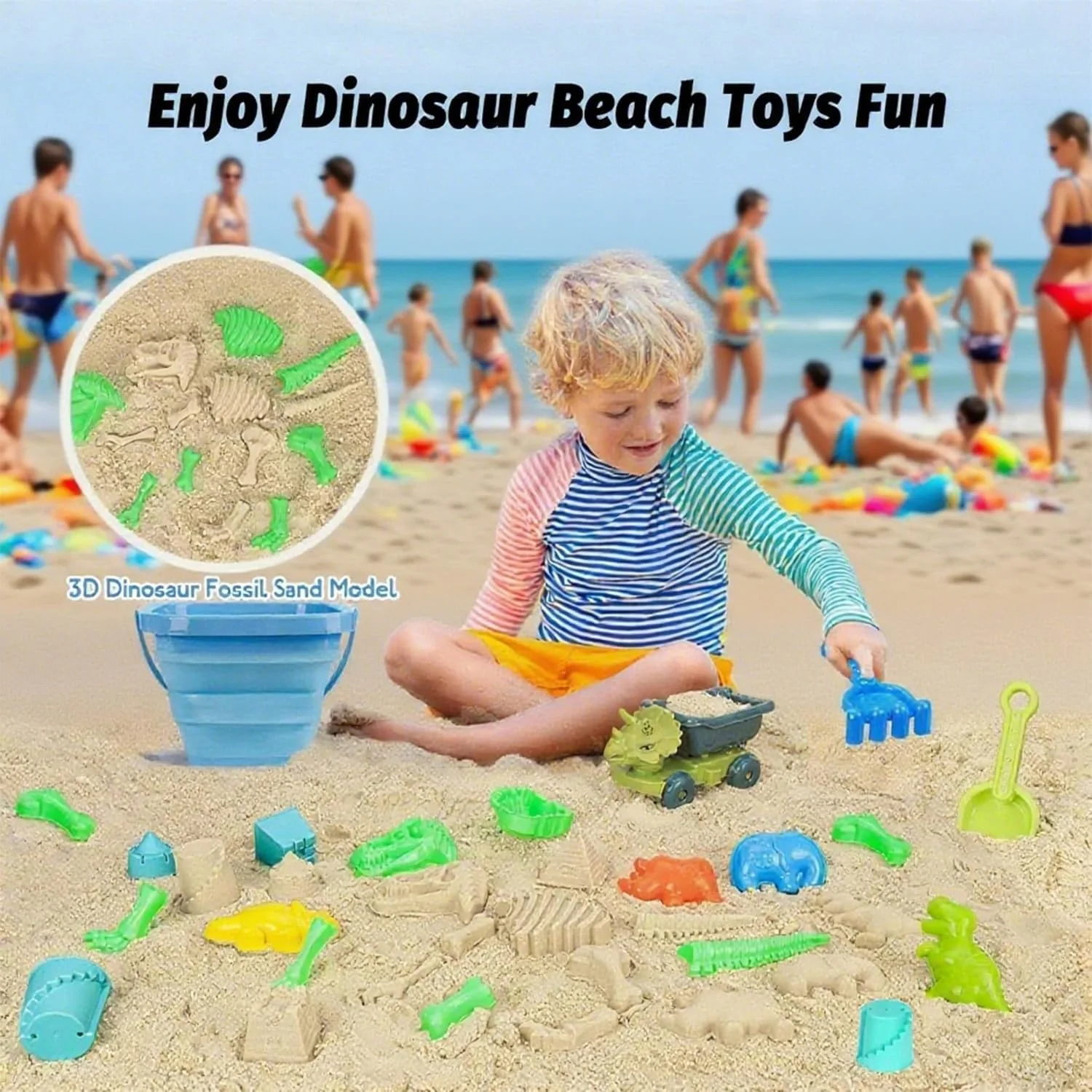 اسباب بازی های ساحلی Masroo، اسباب بازی های شن و ماسه دایناسور با کامیون کمپرسی و سطل ساحلی تاشو، بیل و چنگک، کیف توری، قالب های شن و ماسه دایناسور حیوانات، اسباب بازی های قلعه شنی، اسباب بازی های جعبه شنی برای کودکان نوپا