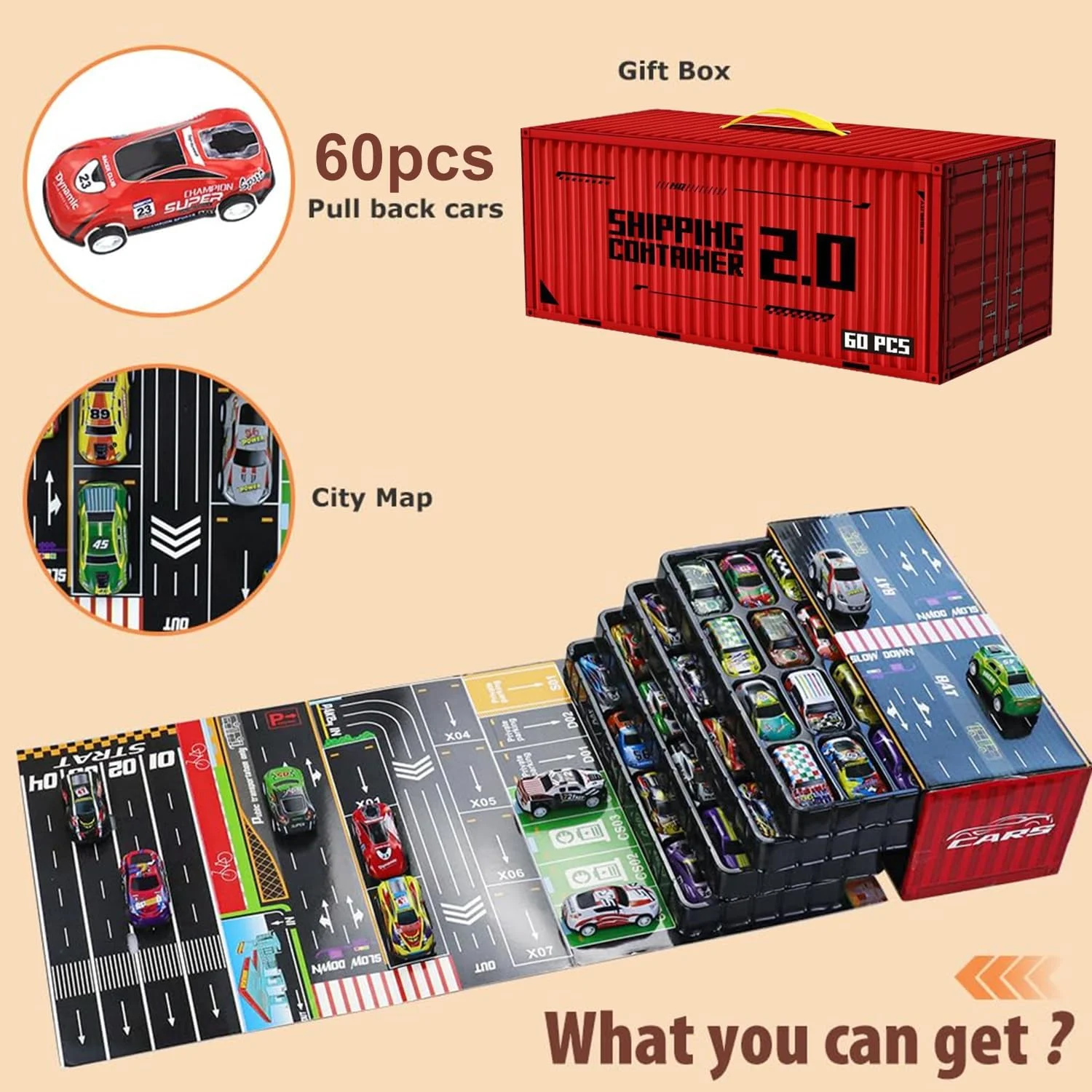 مجموعه 60 عددی ماشین های فلزی عقب کش، مینی ماشین های مسابقه ای برای کودکان، کامیون اسباب بازی با محفظه نگهداری و نقشه های پیست برای پسران و دختران 3+ سال