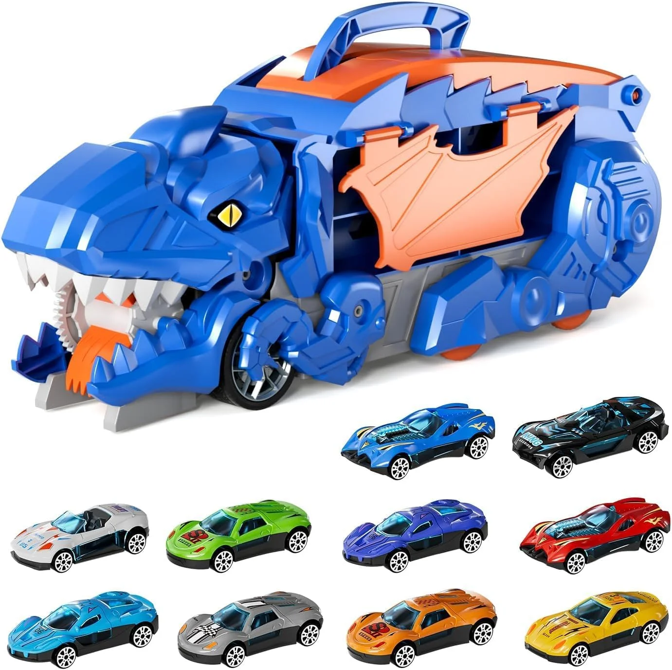 اسباب بازی کامیون دایناسور متحول شونده با 12 ماشین مسابقه ای دایکست برای کودکان 1-6 ساله، ماشین حمل دایناسور با بال و دسته برای کودکان، هدیه تولد برای پسران و دختران 3، 4، 5، 6، 7 ساله، اسباب بازی های دایناسور برای کودکان 2-6 ساله