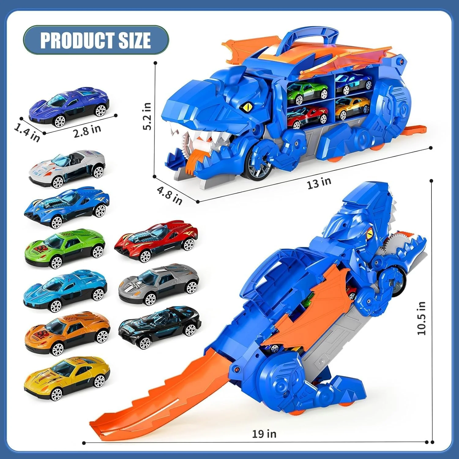 اسباب بازی کامیون دایناسور متحول شونده با 12 ماشین مسابقه ای دایکست برای کودکان 1-6 ساله، ماشین حمل دایناسور با بال و دسته برای کودکان، هدیه تولد برای پسران و دختران 3، 4، 5، 6، 7 ساله، اسباب بازی های دایناسور برای کودکان 2-6 ساله