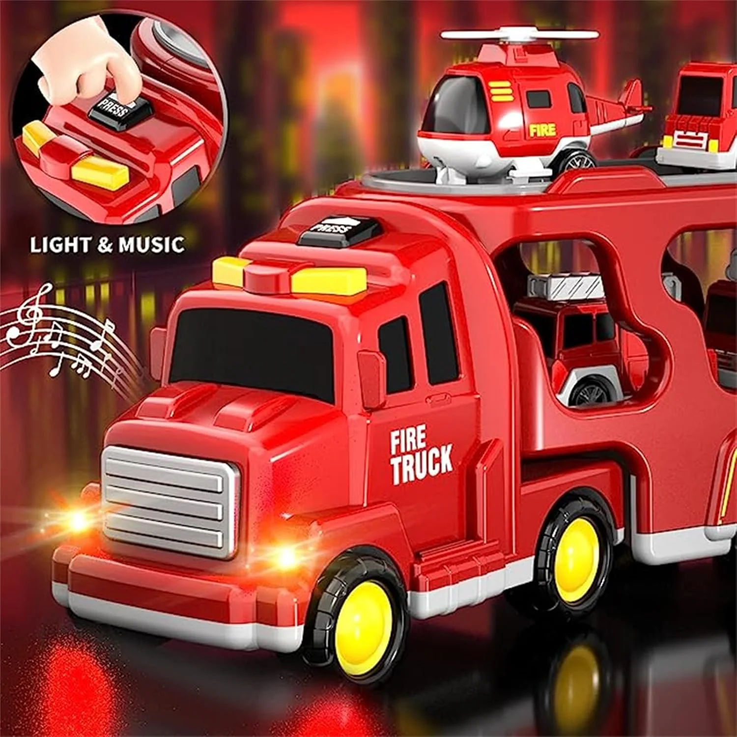 اسباب بازی کامیون های کودک نوپا TOYBY برای پسران 1، 2، 3، 4، 5 و 6 ساله، 5 در 1 ماشین آتش نشانی اسباب بازی کامیون های حامل ماشین برای اسباب بازی های پسرانه نوپا، اسباب بازی های قدرتی اصطکاکی کامیون های ماشین با نور و صدا