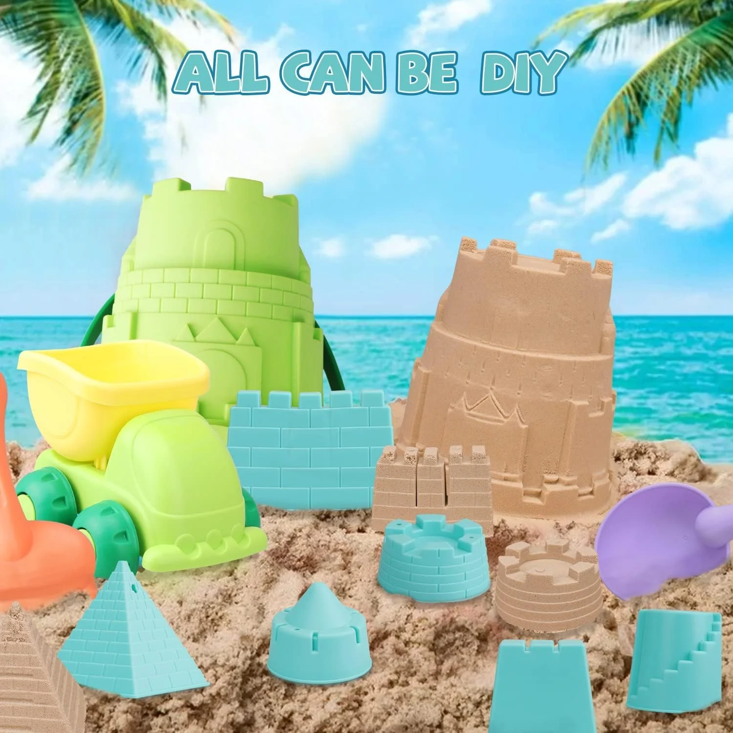 اسباب بازی های ساحلی NALACAL برای کودکان نوپا، مجموعه اسباب بازی های شن و ماسه شامل سطل ساحلی، کامیون کمپرسی، بیل شن، چنگک، قالب های قلعه شنی به همراه کیف توری جایزه (رنگ تصادفی)