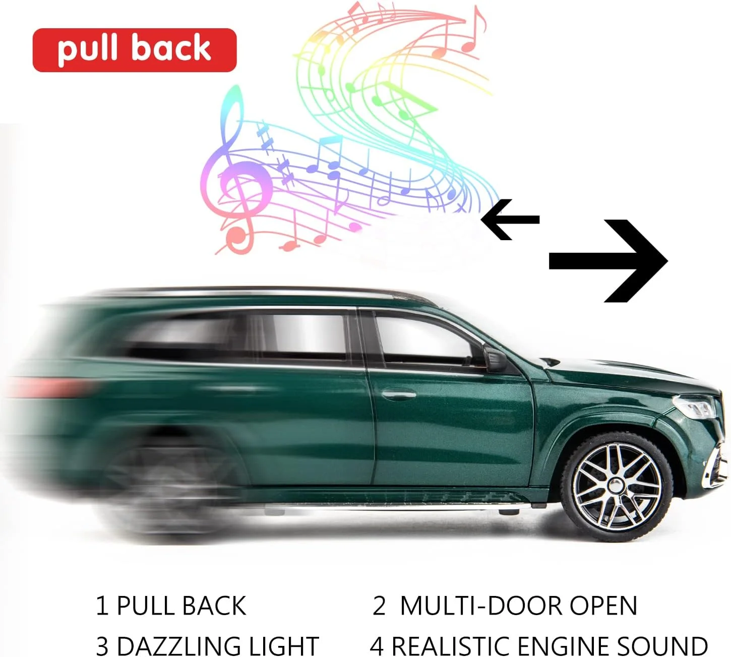 ماکت ماشین فلزی بنز GLS63 AMG WAKAKAC مقیاس 1/24، کلکسیونی، عقب کش، دارای چراغ و صدا، درب ها بازشو، مناسب هدیه برای پسران (سبز)