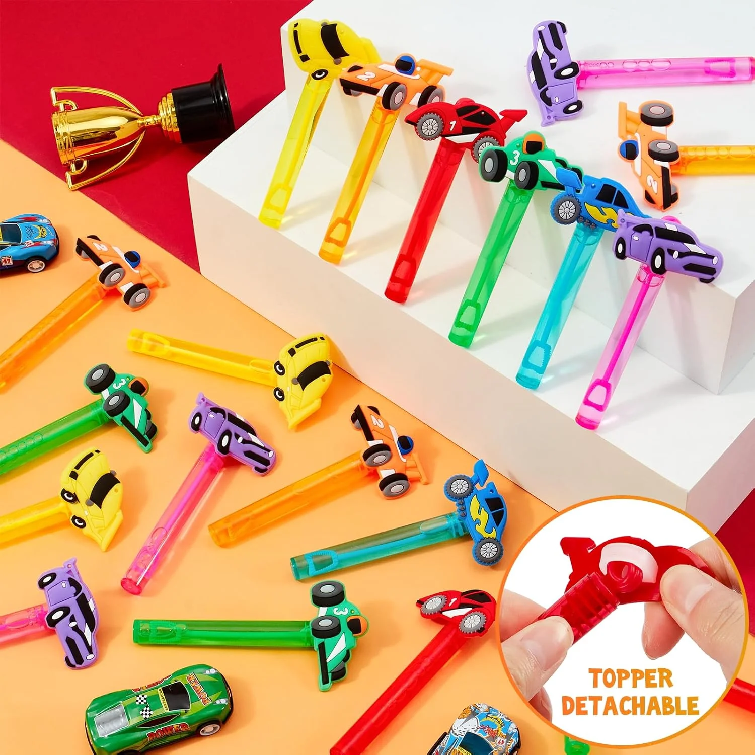 گیفت مهمانی ماشین مسابقه وینریک، 24 عدد مینی چوب حباب با تم ماشین برای کودکان، حباب عمده با سرپوش جداشدنی (6 مدل و رنگ)، لوازم تولد ساحلی استخر تابستانی، جایزه کلاسی