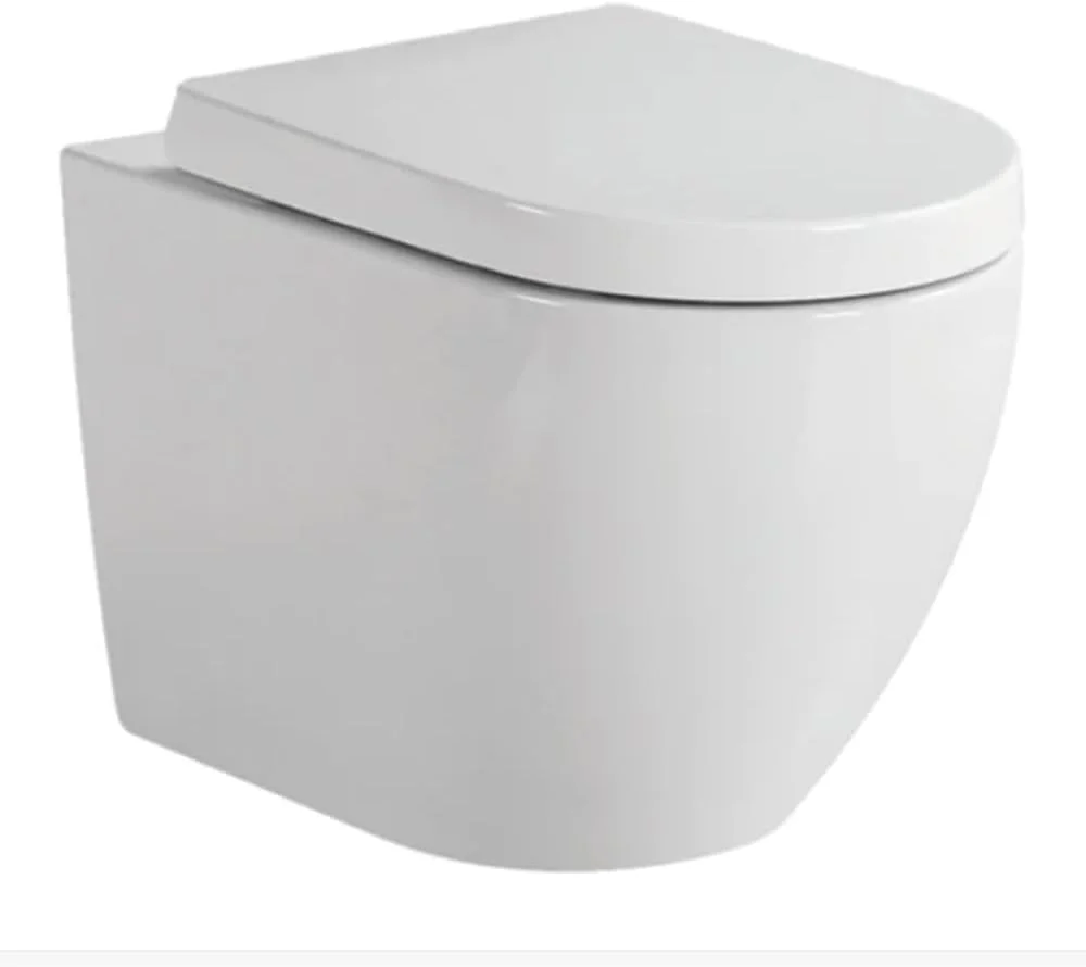 توالت پشتی به دیوار اولیند دیزاین رامبا – توالت فرنگی سرامیکی بدون لبه نصب شده روی زمین با درب آرام بند، P-Trap 180 میلی متر، فلاش تانک Washdown، طراحی مدرن و جمع و جور (سفید براق)