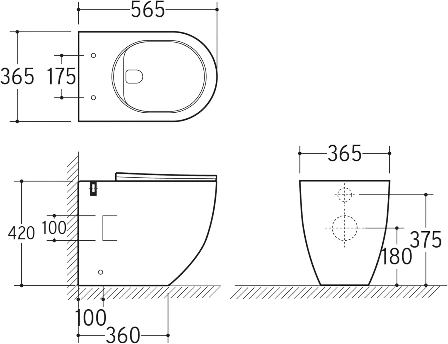 توالت فرنگی بدون لبه BAGNODESIGN Vitesse پشتی به دیوار، 365x565x420 میلی متر، مشکی مات