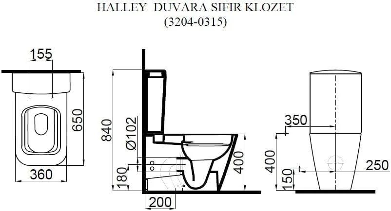 ست توالت فرنگی ایستاده، سیستم بدون لبه و اتصالات، ست کامل توالت فرنگی، توالت فرنگی پشتی به دیوار هالی (سفید)