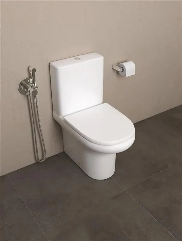 توالت فرنگی سرامیک RAK مدل Compact، اتصال از نزدیک، خروجی پشتی باز، سیفون S، طول 64 سانتی متر، ست توالت