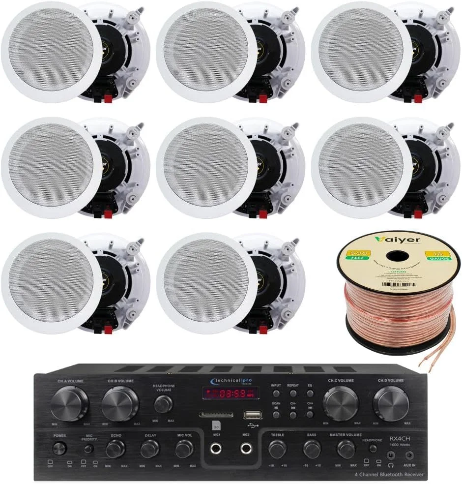 کیت سیستم سینمای خانگی، گیرنده بلوتوثی 4 کاناله 1000 واتی با 8 عدد بلندگوی دیواری/سقفی 5.25 اینچی 175 واتی و سیم زیپ بلندگو 16 گیج 500 فوتی از Vaiyer