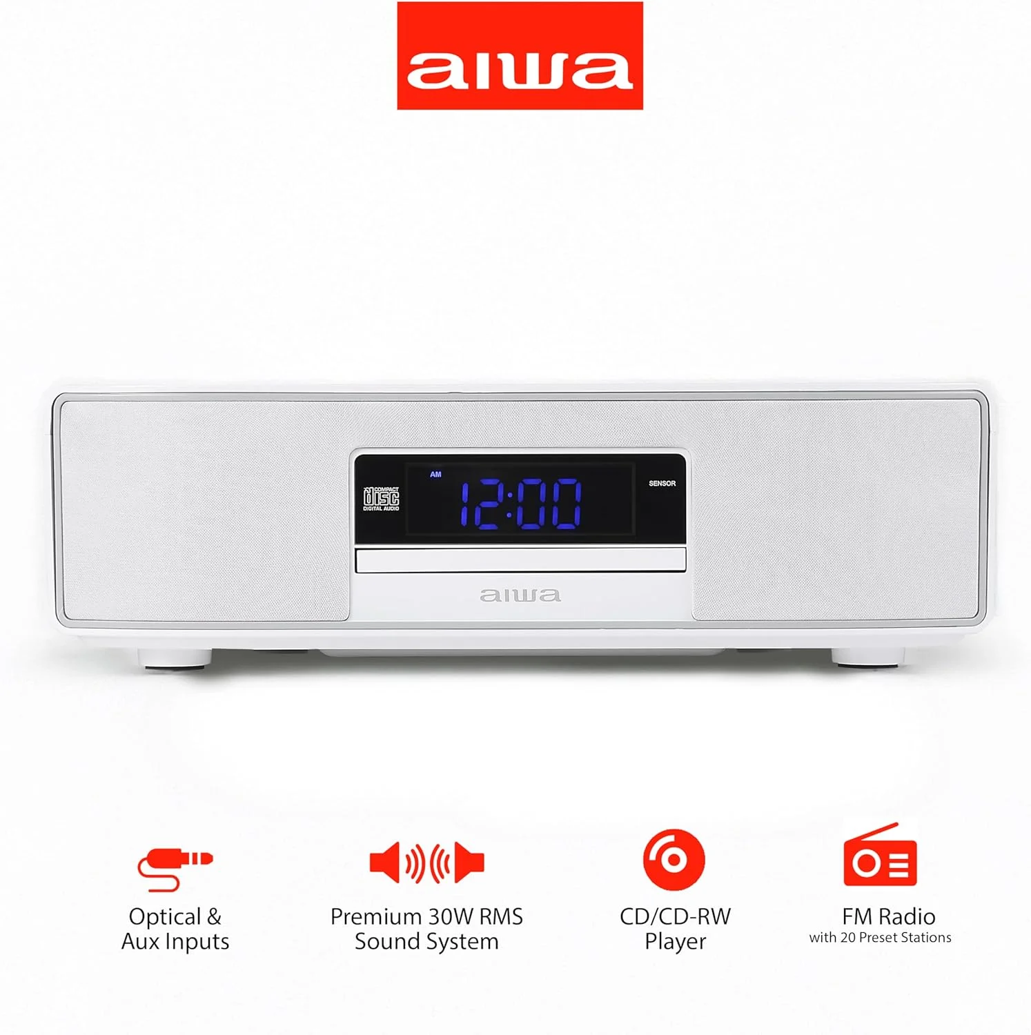 اسپیکر خانگی AIWA Exos، سیستم صوتی ممتاز 30 وات RMS با پخش کننده CD، اتصال بلوتوث، رادیو FM، ورودی دیجیتال نوری، دو توییتر 1 اینچی + دو واحد باس 2 اینچی، کنترل از راه دور IR