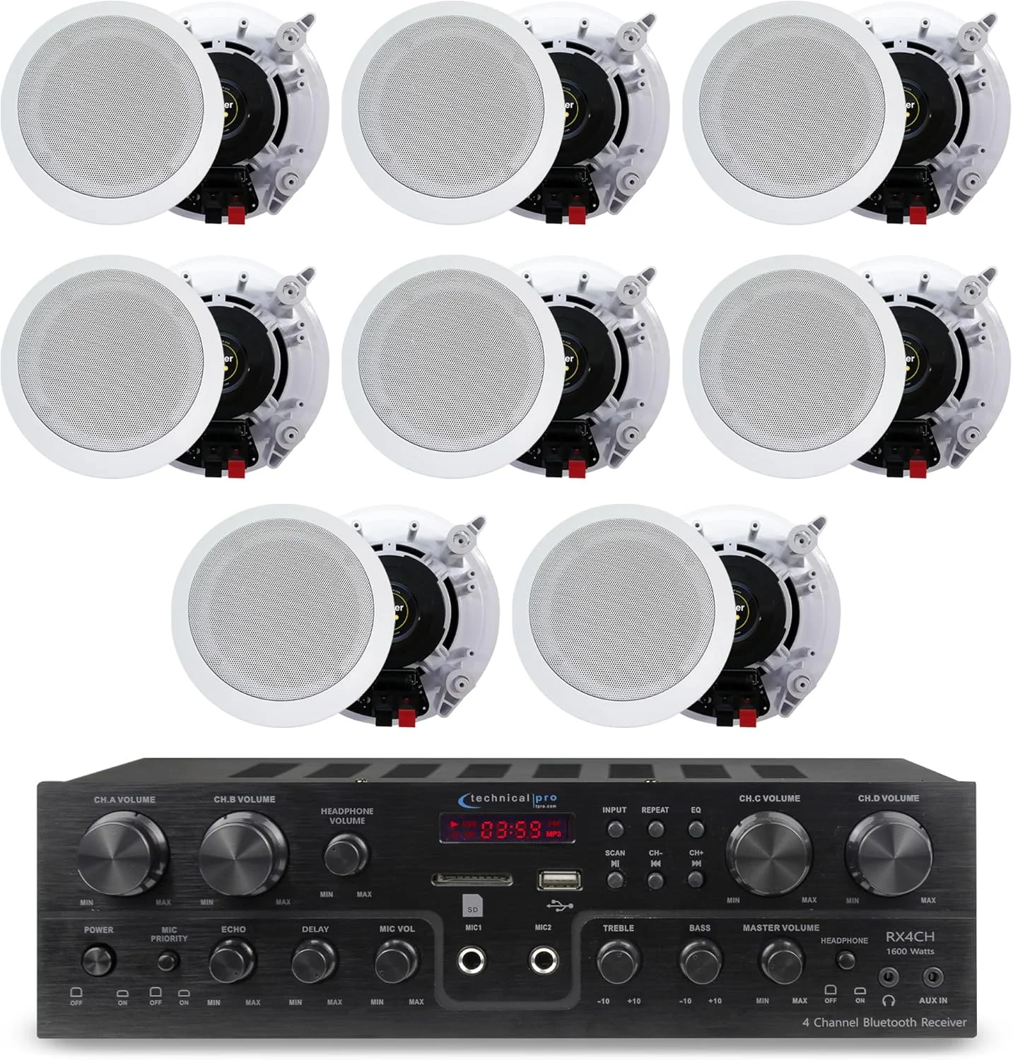 کیت سیستم سینمای خانگی با گیرنده بلوتوثی 4 کاناله 1000 واتی و 8 عدد بلندگوی 6.5 اینچی 200 واتی دیواری/سقفی با صدای استریو 2 طرفه با ووفر/توییتر، طراحی فلاش از Technical Pro