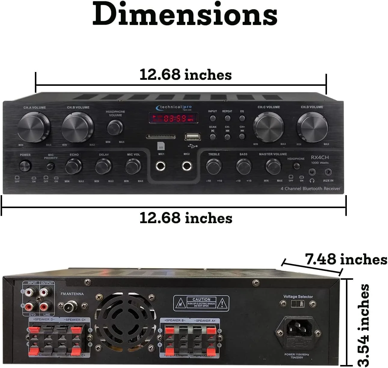 کیت سیستم سینمای خانگی با گیرنده بلوتوثی 4 کاناله 1000 واتی و 8 عدد بلندگوی 6.5 اینچی 200 واتی دیواری/سقفی با صدای استریو 2 طرفه با ووفر/توییتر، طراحی فلاش از Technical Pro