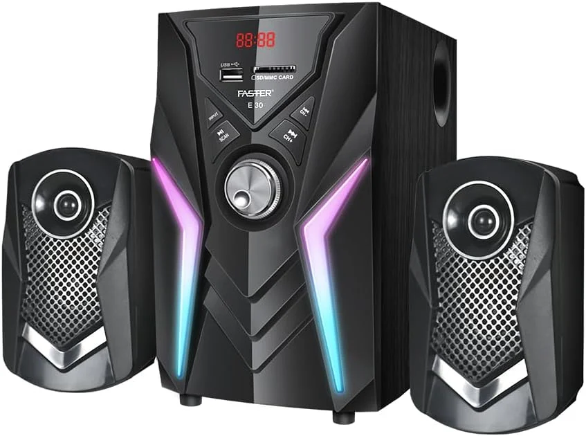 سیستم اسپیکر سیمی 2.1 کاناله Faster Theater Wave E30 - ساب ووفر 45 واتی با 2 اسپیکر، بلوتوث 5.4، چراغ های RGB، کنترل از راه دور، USB/SD/AUX/FM - اسپیکرهای رومیزی سینمای خانگی و چند رسانه ای