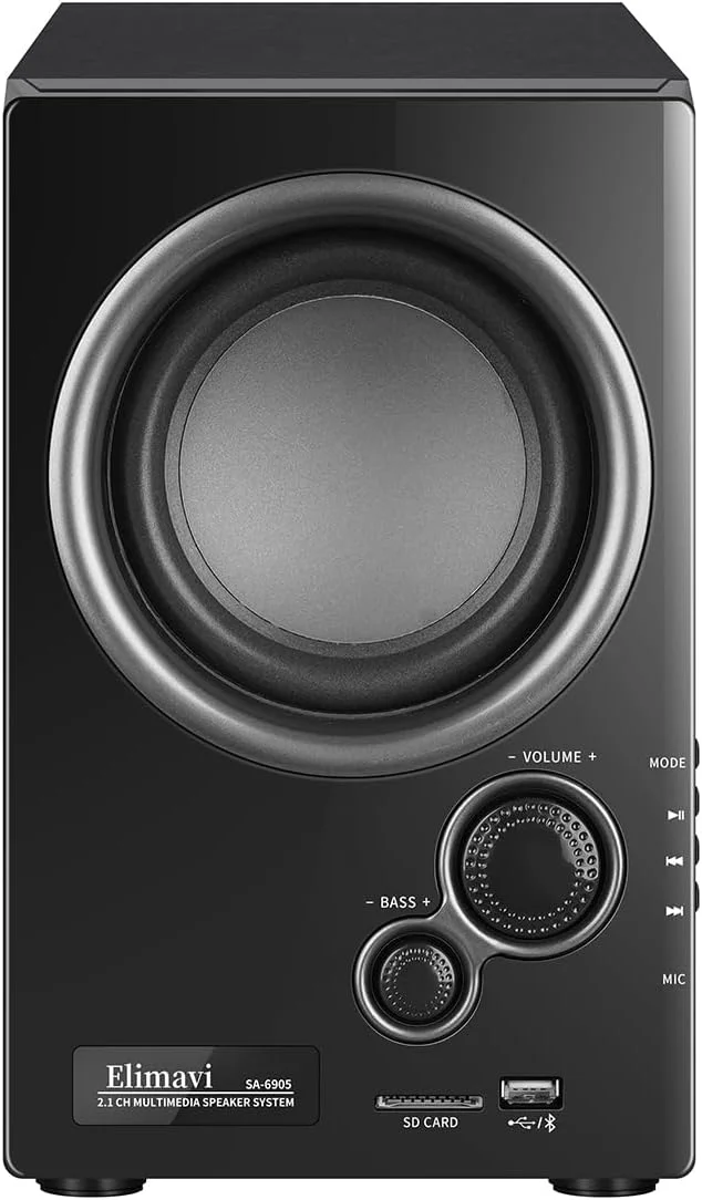 سیستم صوتی فراگیر 5.1 Elimavi با سیستم استریو ساب ووفر 5.5 اینچی برای خانه با بلندگوهای میان رده 2.5 اینچی سینمای خانگی، سیستم بلندگوی خانگی با ورودی های صوتی 3.5-RCA/USB/Wireless/AUX