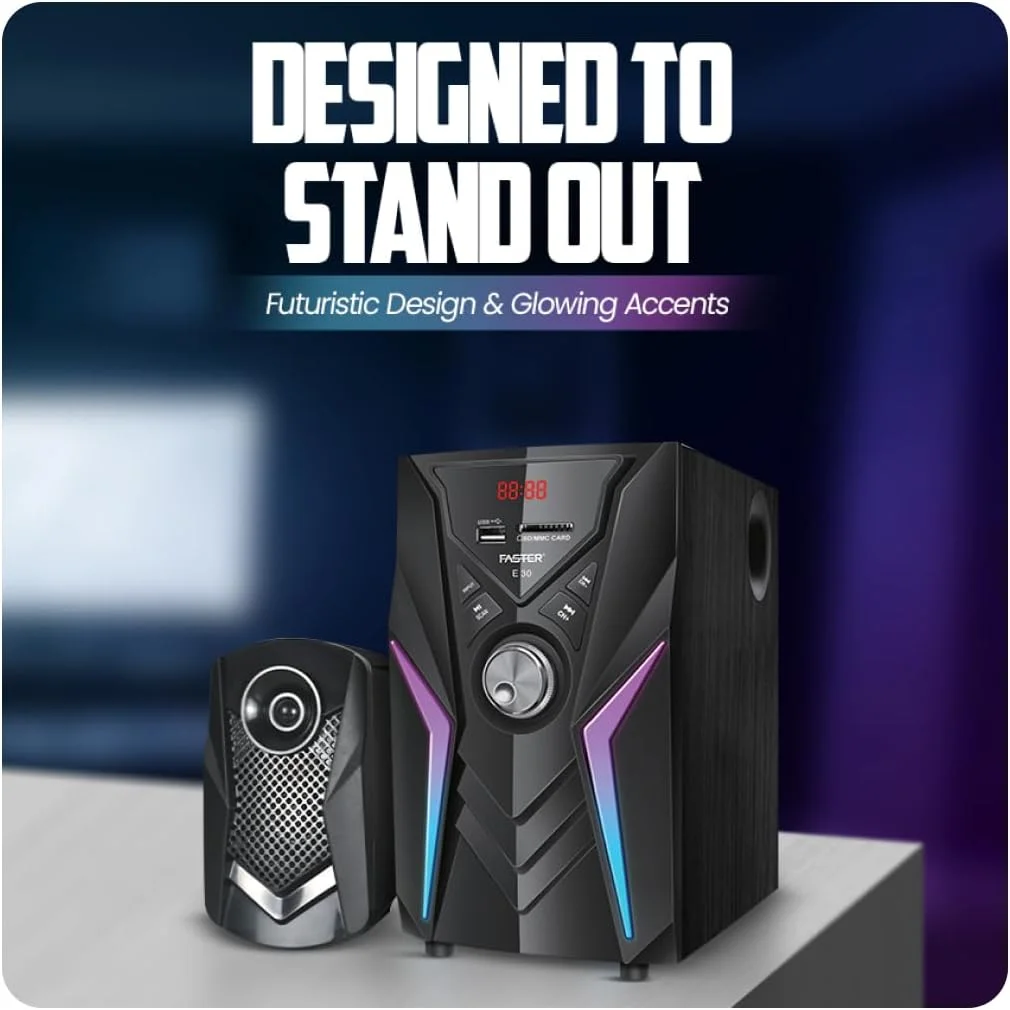 سیستم اسپیکر سیمی 2.1 کاناله Faster Theater Wave E30 - ساب ووفر 45 واتی با 2 اسپیکر، بلوتوث 5.4، چراغ های RGB، کنترل از راه دور، USB/SD/AUX/FM - اسپیکرهای رومیزی سینمای خانگی و چند رسانه ای