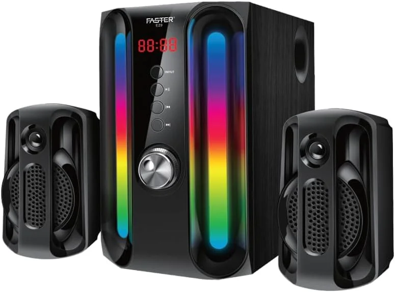سیستم بلندگوی سیمی 2.1 کاناله Faster E29، ساب ووفر 45 واتی با 2 بلندگو، بلوتوث 5.4، نورهای RGB، کنترل از راه دور، USB/SD/AUX/FM - سینمای خانگی و چند رسانه ای