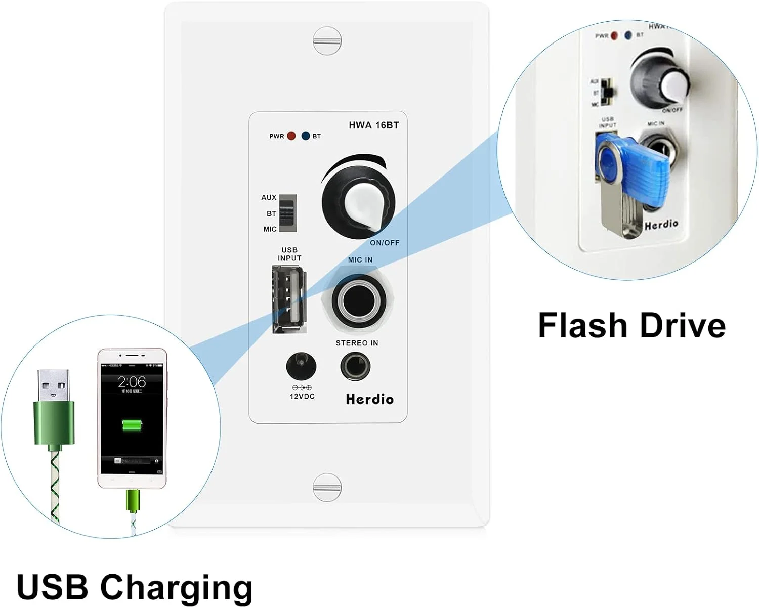پکیج صوتی خانگی Herdio شامل آمپلی فایر بلوتوثی دیواری، کنترل صدا، صفحه دیواری با بلندگوهای سقفی 6.5 اینچی 640 واتی (2 جفت)