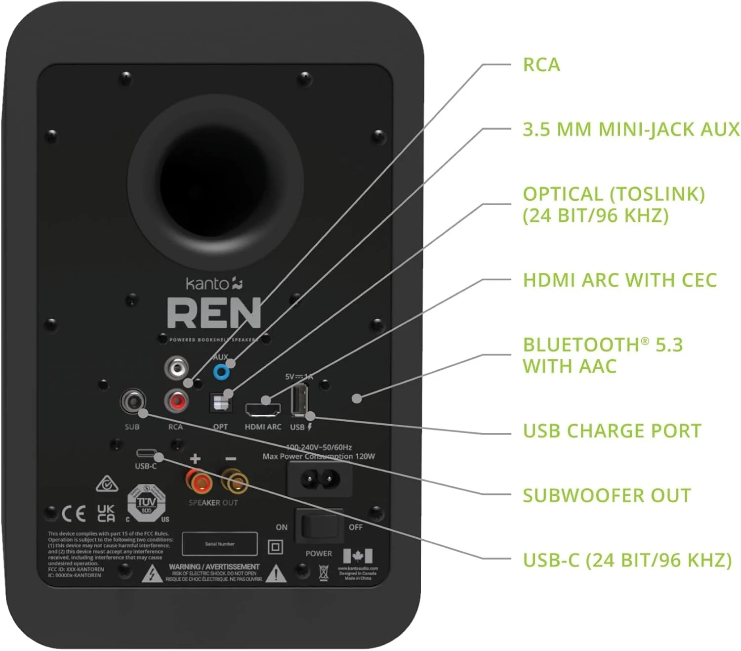 سیستم بلندگوی فعال 200 واتی Kanto Ren با ورودی HDMI ARC برای تلویزیون و سینمای خانگی، USB-C و بلوتوث 5.3، فیلتر High/Low Pass، جفت، مشکی مات