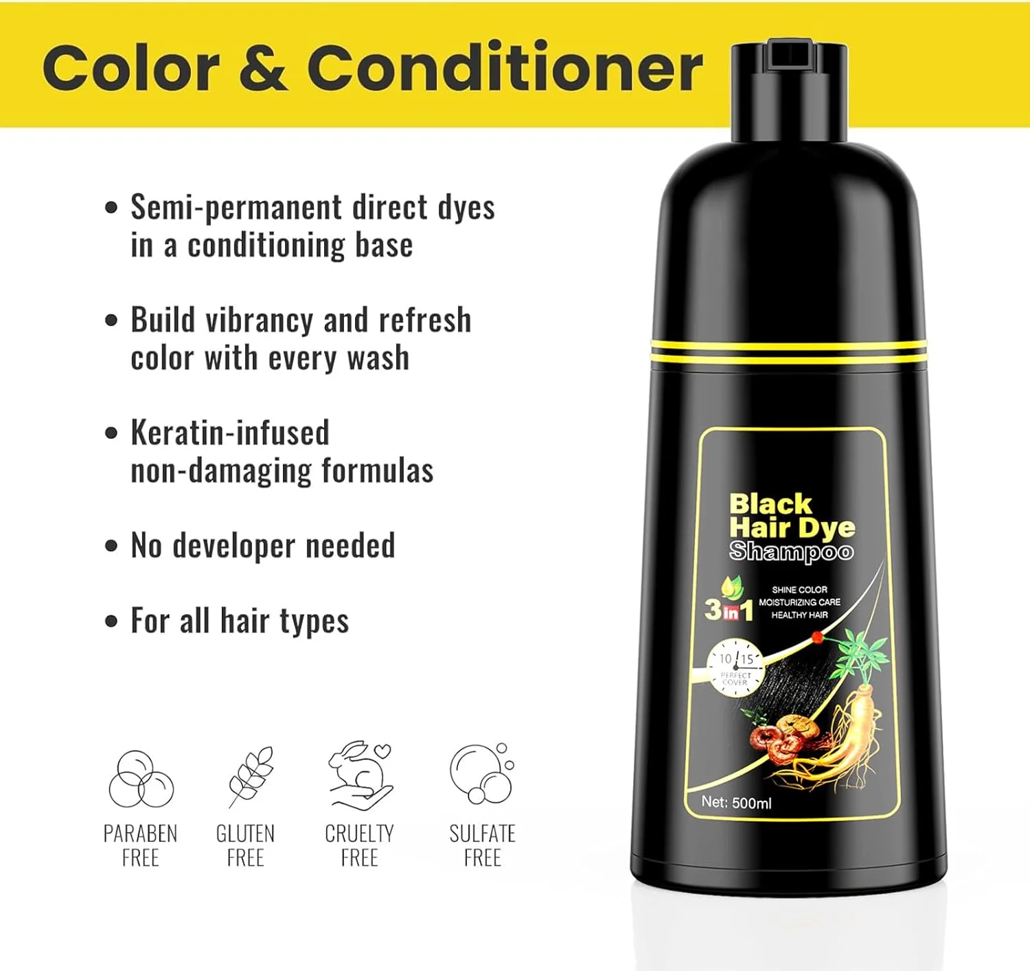 شامپو رنگ موی مشکی برای موهای سفید 3 در 1، شامپو رنگ مو برای آقایان و بانوان، شامپو رنگ موی مشکی برای موهای سفید، شامپو ضد موهای سفید (500 میلی لیتر) شامپو رنگ موی مشکی برای موهای سفید 3 در 1، شامپو رنگ مو برای آقایان و بانوان، شامپو رنگ موی مشکی برای موهای سفید، شامپو ضد موهای سفید (500 میلی لیتر)