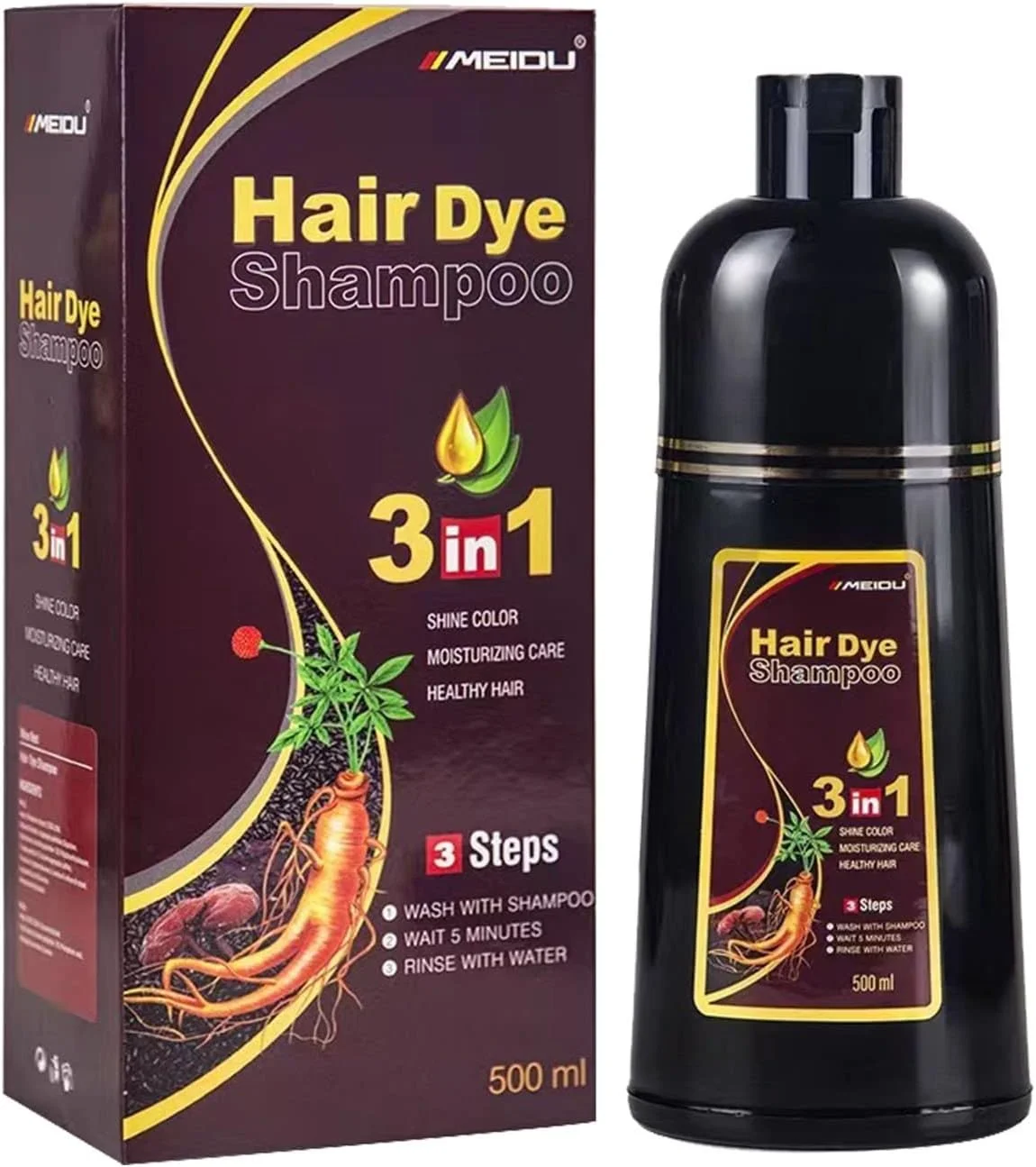 شامپو رنگ موی مشکی 3 در 1، شامپو رنگ موی فوری هربیش برای موهای سفید، شامپو رنگ مو برای زنان و مردان، پوشش 100% موهای سفید، 500 میل شامپو رنگ موی آسان (شرابی قرمز)