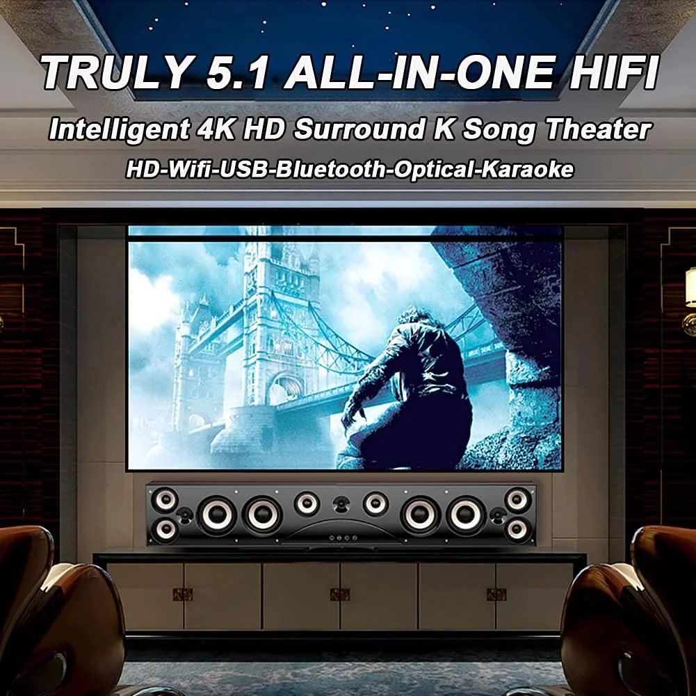 سیستم صوتی سینمای خانگی 5.1 کاناله GZDodek، خروجی 6 کاناله، سیستم اندروید داخلی، سیستم فراگیر 4K HD، صوتی تلویزیون 170 واتی بلوتوث، WiFi، RJ45، AUX، بلوتوث، فیبر نوری، کواکسیال، HD