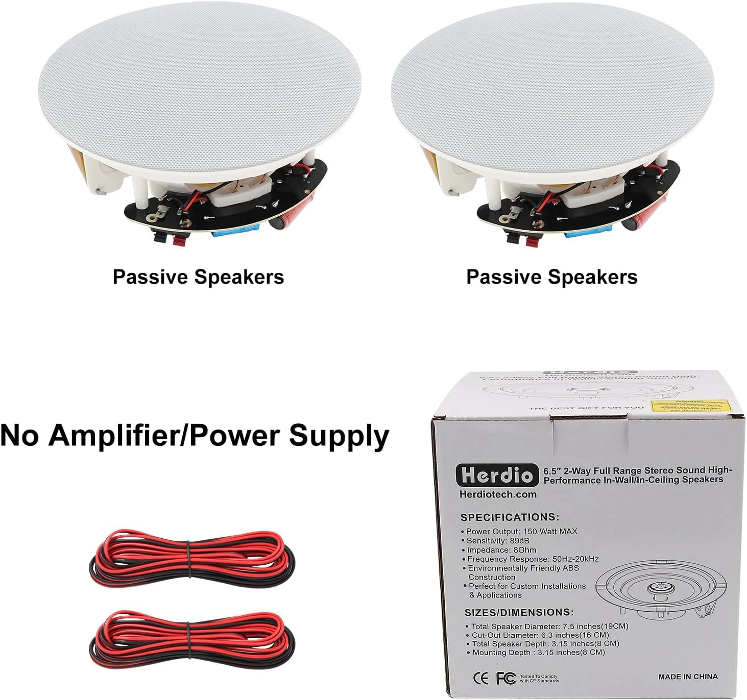 بلندگوهای سقفی هردیو 6.5 اینچی، سیستم بلندگوی پسیو 2 طرفه 300 وات، مناسب برای فضاهای مرطوب داخلی و خارجی، آشپزخانه، اتاق خواب، حمام، ایوان های سرپوشیده (یک جفت)