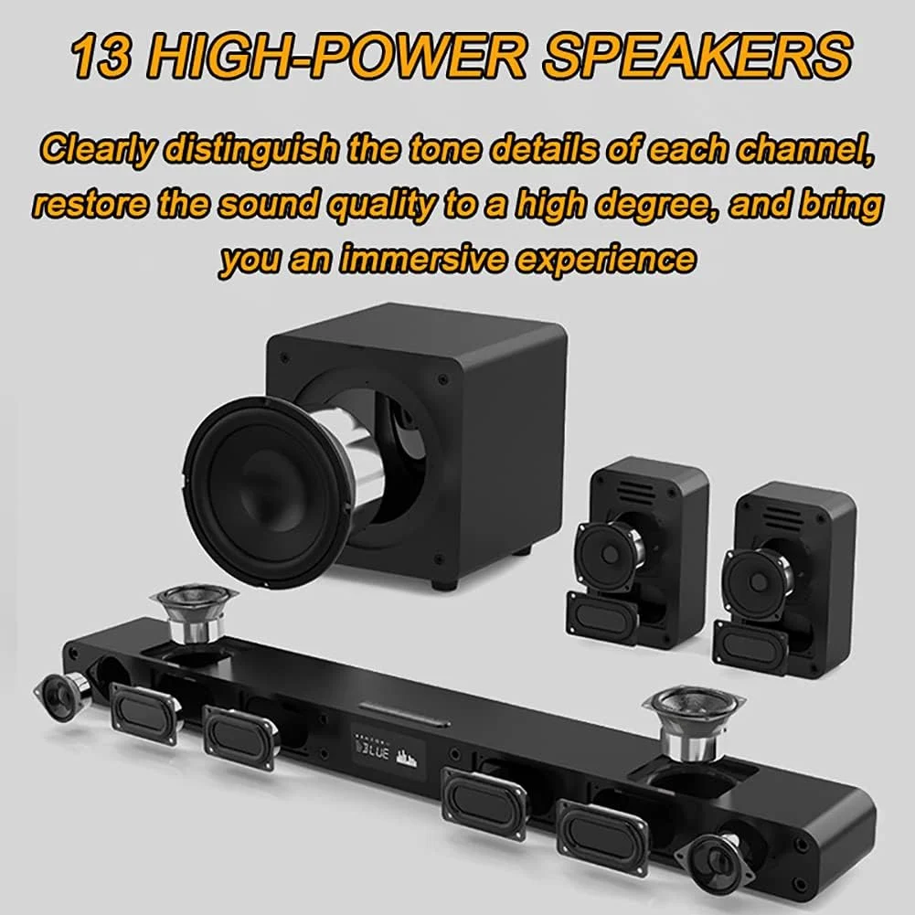 سیستم صوتی خانگی GZDZHP 5.1، با ساب ووفر بی سیم 8 اینچی و بلوتوث، طراحی میکروفون دوگانه U-segment، پشتیبانی از فیبر نوری، کواکسیال، USB، اتصال بلوتوث