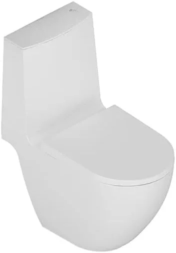 ست توالت فرنگی دیواری ریم لس سرامیک RAK | توالت مستطیلی گرد با سیفون S، فلاشینگ دوگانه بدون لمس و درب آرام بند از جنس اوره، سفید مات، ابعاد 660x380x820 میلی متر (ELIWC1045500A-SET)