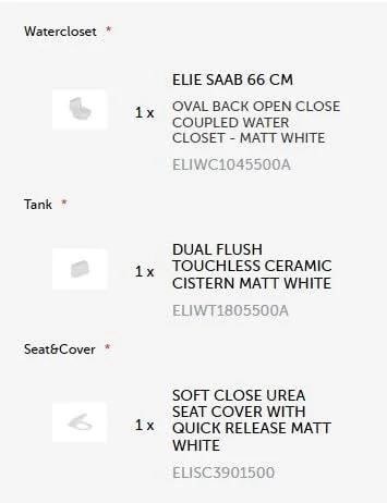 ست توالت فرنگی دیواری ریم لس سرامیک RAK | توالت مستطیلی گرد با سیفون S، فلاشینگ دوگانه بدون لمس و درب آرام بند از جنس اوره، سفید مات، ابعاد 660x380x820 میلی متر (ELIWC1045500A-SET)