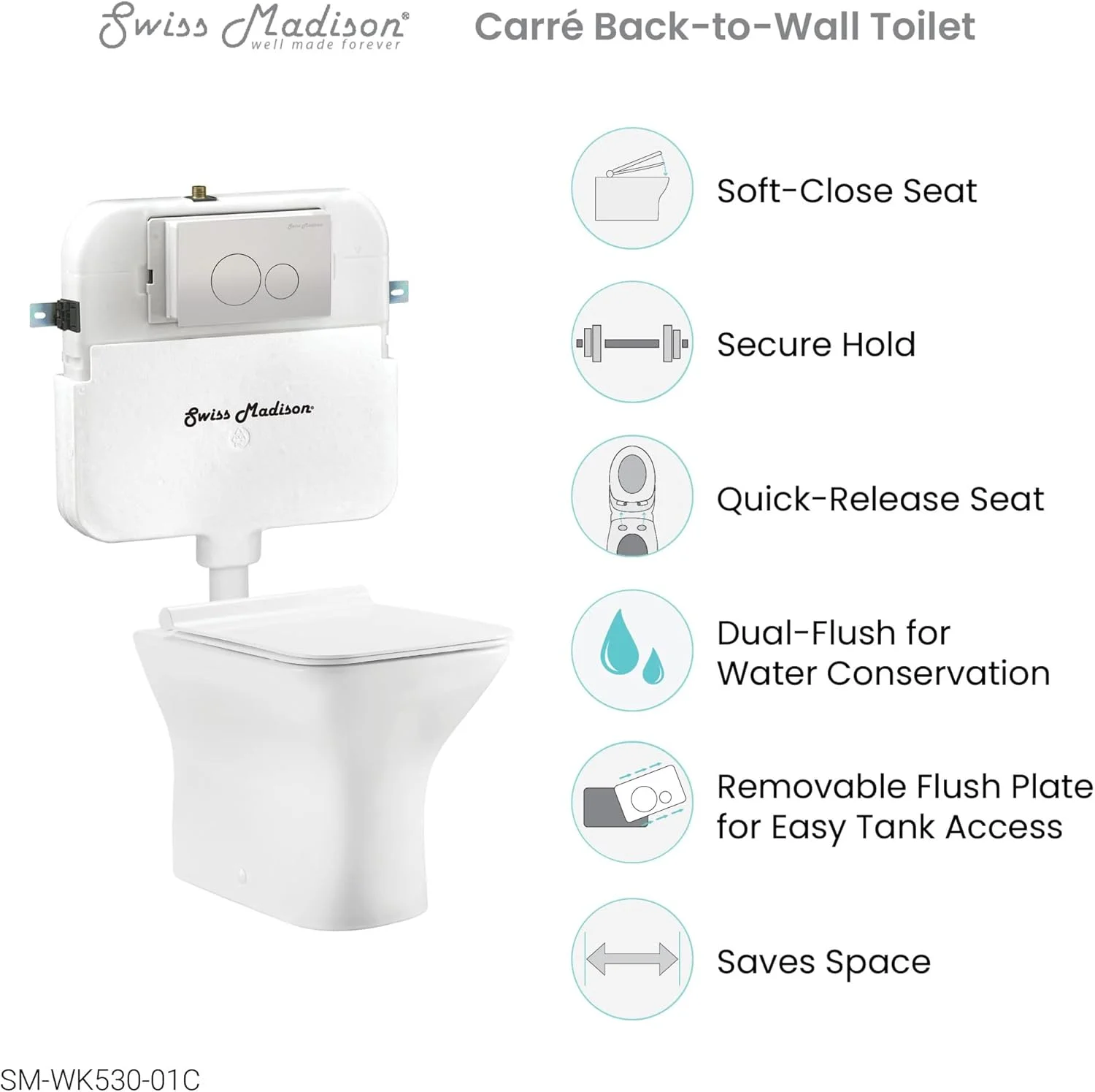 بسته کاسه توالت پشتی به دیوار Carre ساخت سوئیس مدیسون Well Made Forever، سفید براق