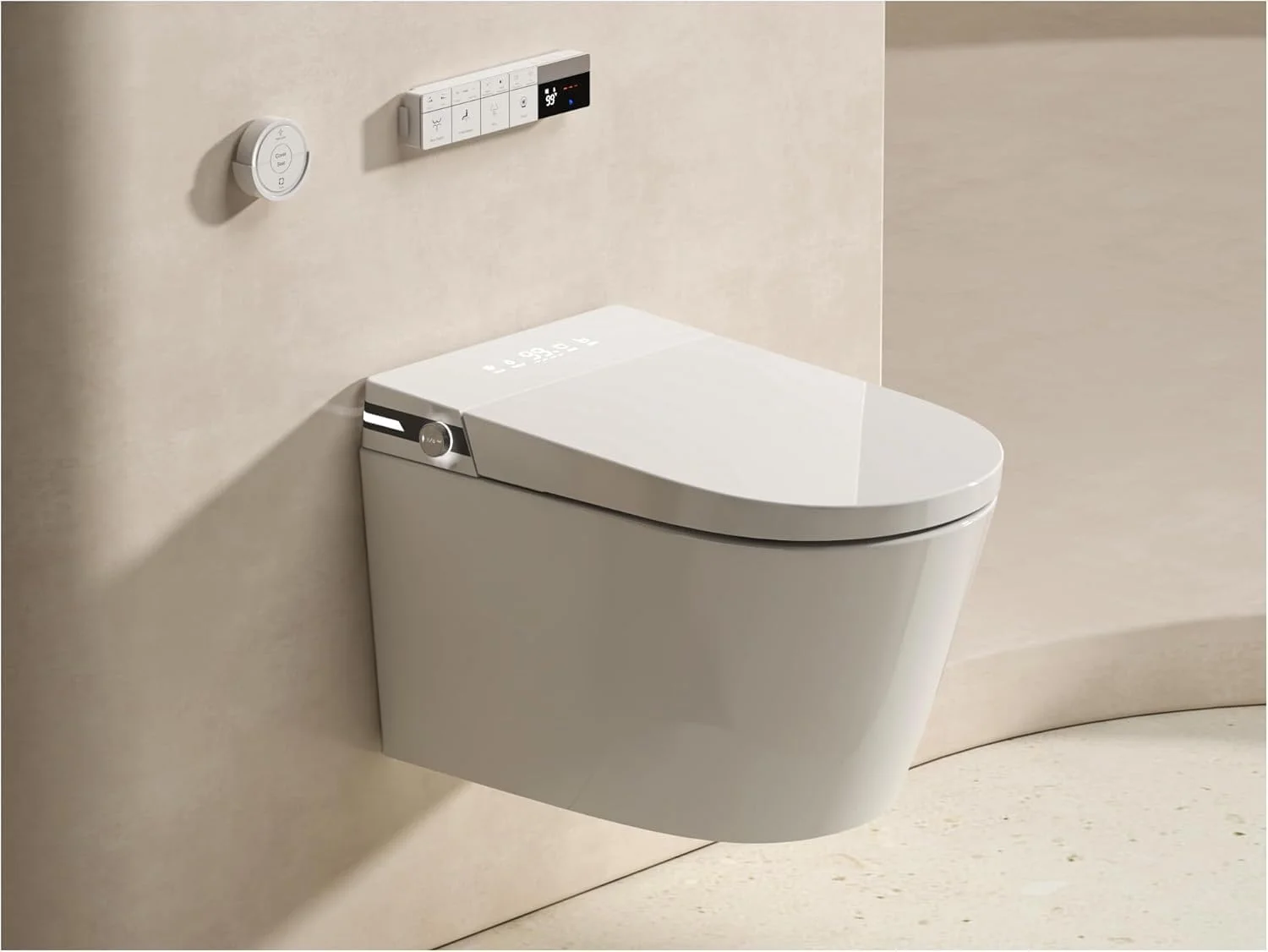 توالت فرنگی هوشمند دیواری MEJE مدل #T010G با بیده، دارای مخزن آب داخلی، صندلی گرم‌شونده، آب گرم، خشک‌کن، فلاش اتوماتیک، باز/بسته شدن درب با سنسور پا (بدون نیاز به مخزن اضافی)