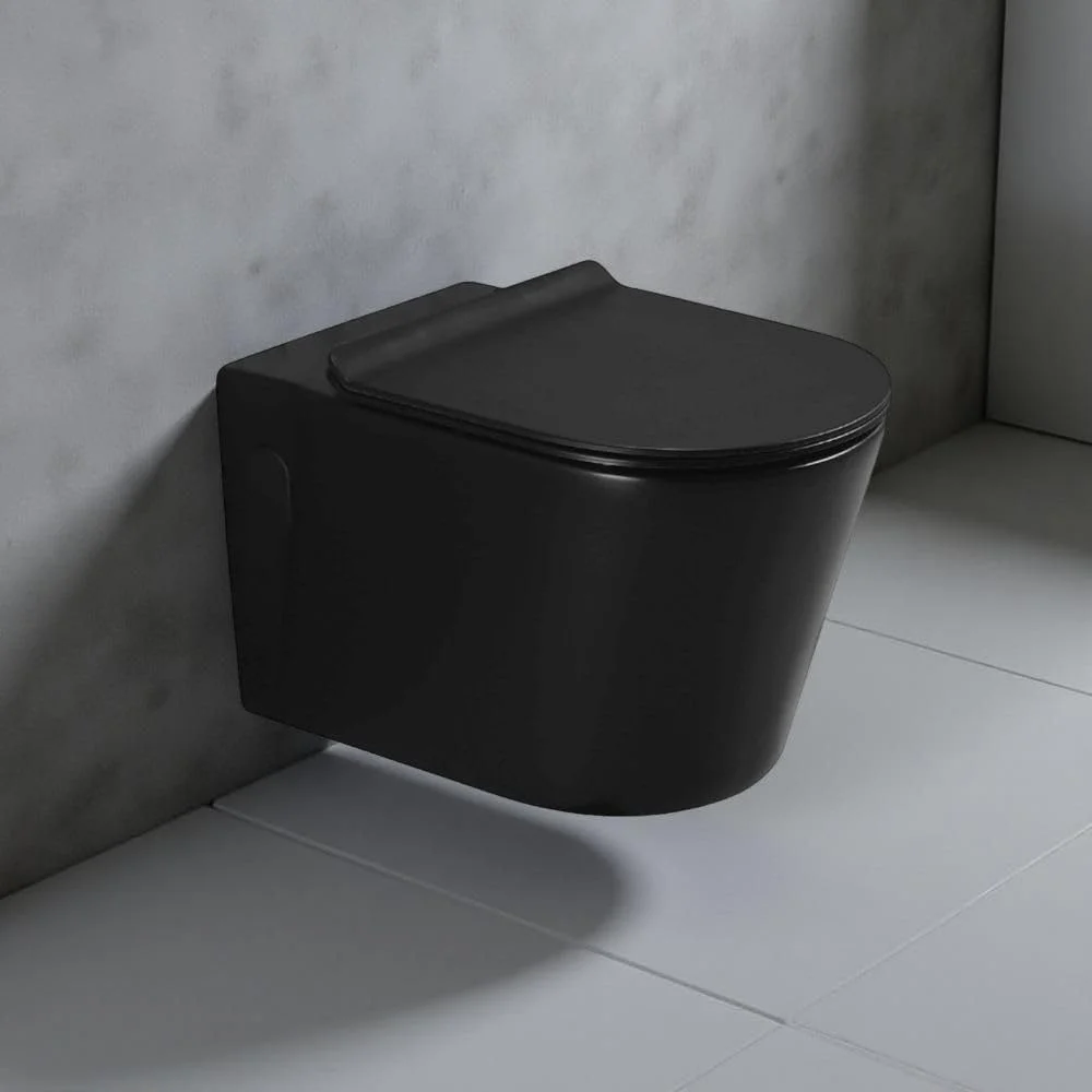 توالت فرنگی وال هنگ میلانو (تک ست) - گرد | توالت دیواری سرامیکی | کاسه توالت صرفه جویی در فضا (57x35x35 سانتی متر) - روکش مشکی مات | تمام اتصالات سخت افزاری (شامل)