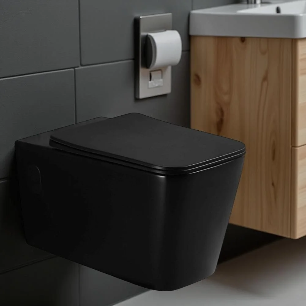 توالت فرنگی وال هنگ میلانو (تک ست) - مربع | توالت دیواری سرامیکی | کاسه توالت صرفه جویی در فضا (57x36x36 سانتی متر) - روکش مشکی مات | تمام اتصالات سخت افزاری (شامل)