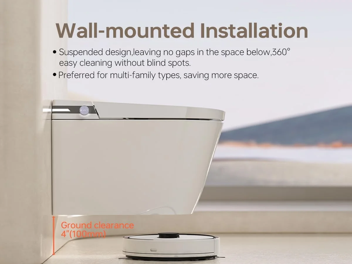 توالت فرنگی هوشمند دیواری MEJE مدل #T010G با بیده، دارای مخزن آب داخلی، صندلی گرم‌شونده، آب گرم، خشک‌کن، فلاش اتوماتیک، باز/بسته شدن درب با سنسور پا (بدون نیاز به مخزن اضافی)