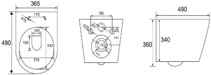 توالت فرنگی دیواری سرامیکی سفید مات نورک مارینا | توالت سرامیکی P Trap | ابعاد 490x365x360 میلی متر | درب و نشیمن UF | کاسه توالت فرنگی مناسب سرویس بهداشتی و حمام