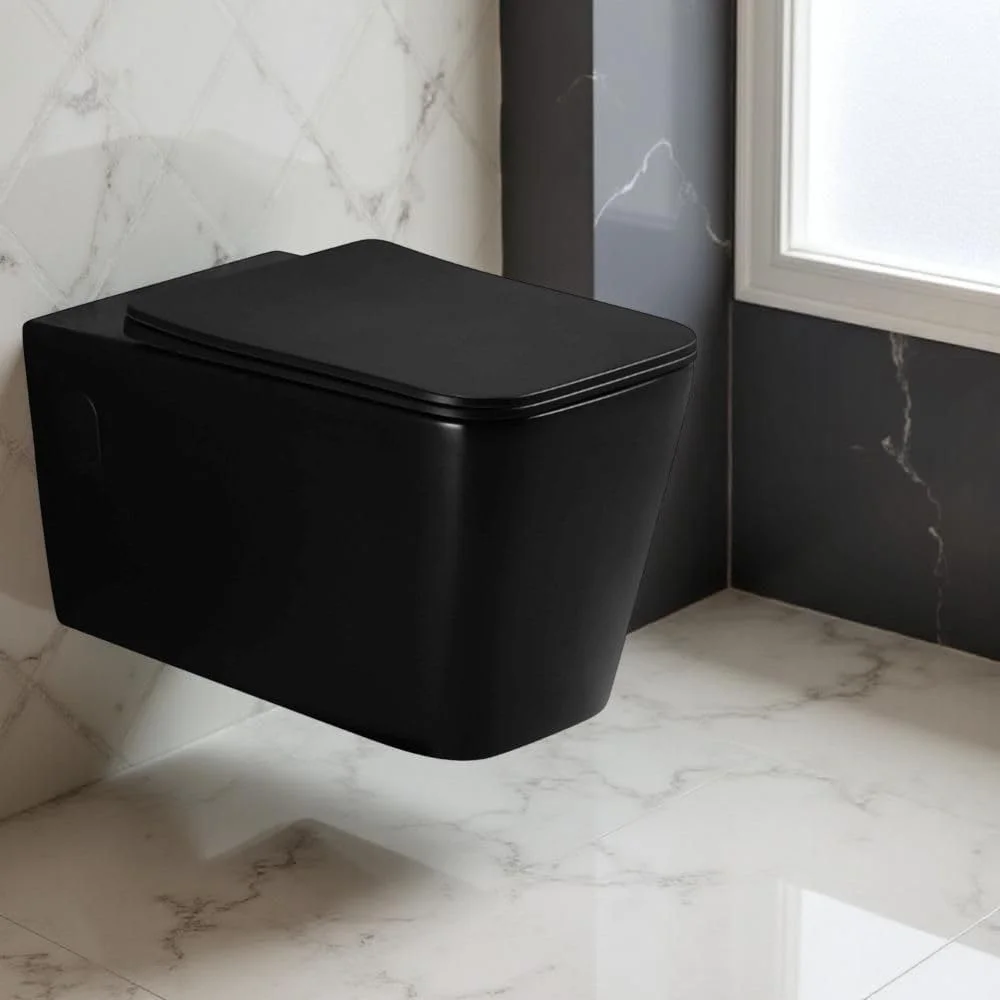 توالت فرنگی وال هنگ میلانو (تک ست) - مربع | توالت دیواری سرامیکی | کاسه توالت صرفه جویی در فضا (57x36x36 سانتی متر) - روکش مشکی مات | تمام اتصالات سخت افزاری (شامل)
