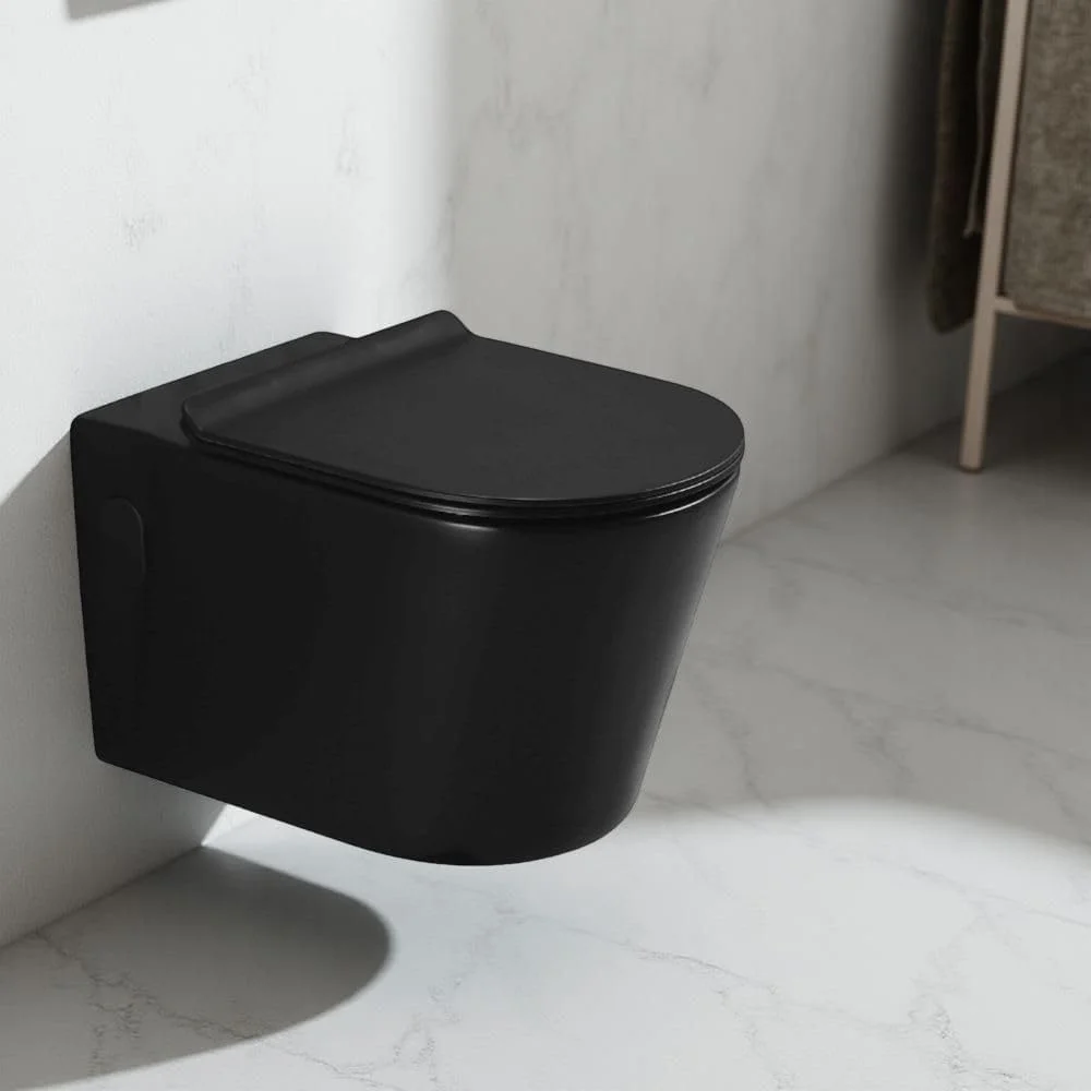 توالت فرنگی وال هنگ میلانو (تک ست) - گرد | توالت دیواری سرامیکی | کاسه توالت صرفه جویی در فضا (57x35x35 سانتی متر) - روکش مشکی مات | تمام اتصالات سخت افزاری (شامل)