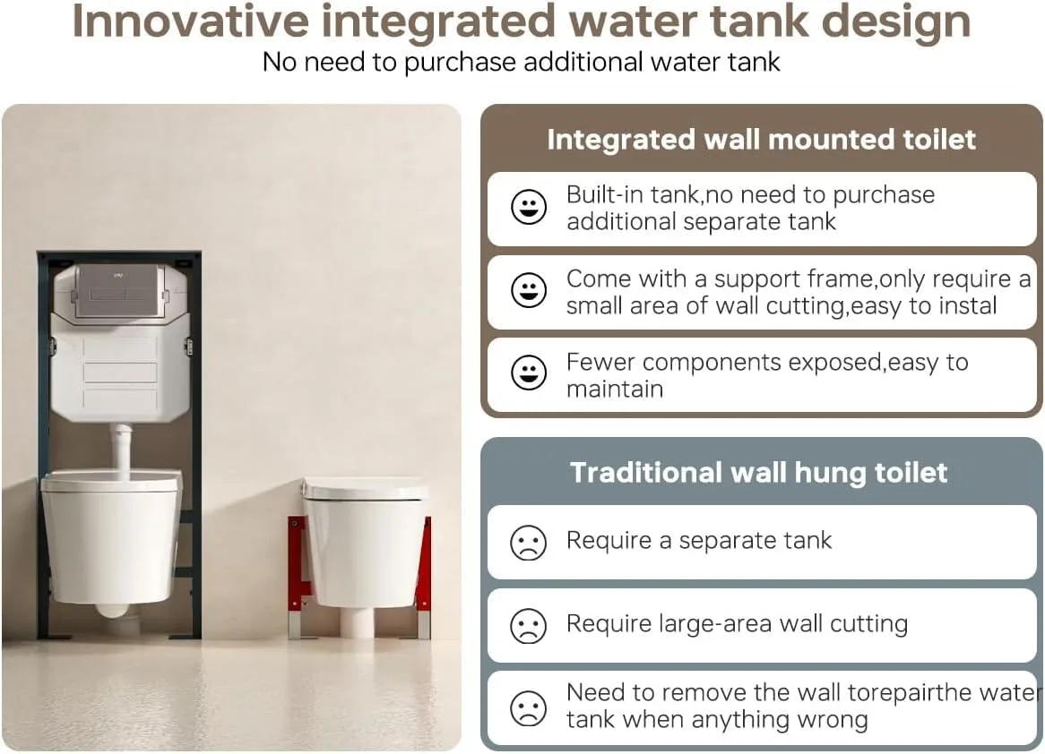 توالت فرنگی هوشمند دیواری MEJE مدل #T010G با بیده، دارای مخزن آب داخلی، صندلی گرم‌شونده، آب گرم، خشک‌کن، فلاش اتوماتیک، باز/بسته شدن درب با سنسور پا (بدون نیاز به مخزن اضافی)
