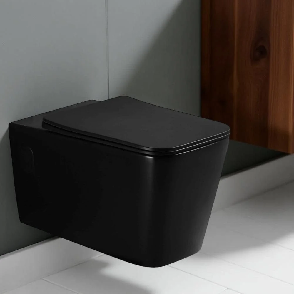 توالت فرنگی وال هنگ میلانو (تک ست) - مربع | توالت دیواری سرامیکی | کاسه توالت صرفه جویی در فضا (57x36x36 سانتی متر) - روکش مشکی مات | تمام اتصالات سخت افزاری (شامل)
