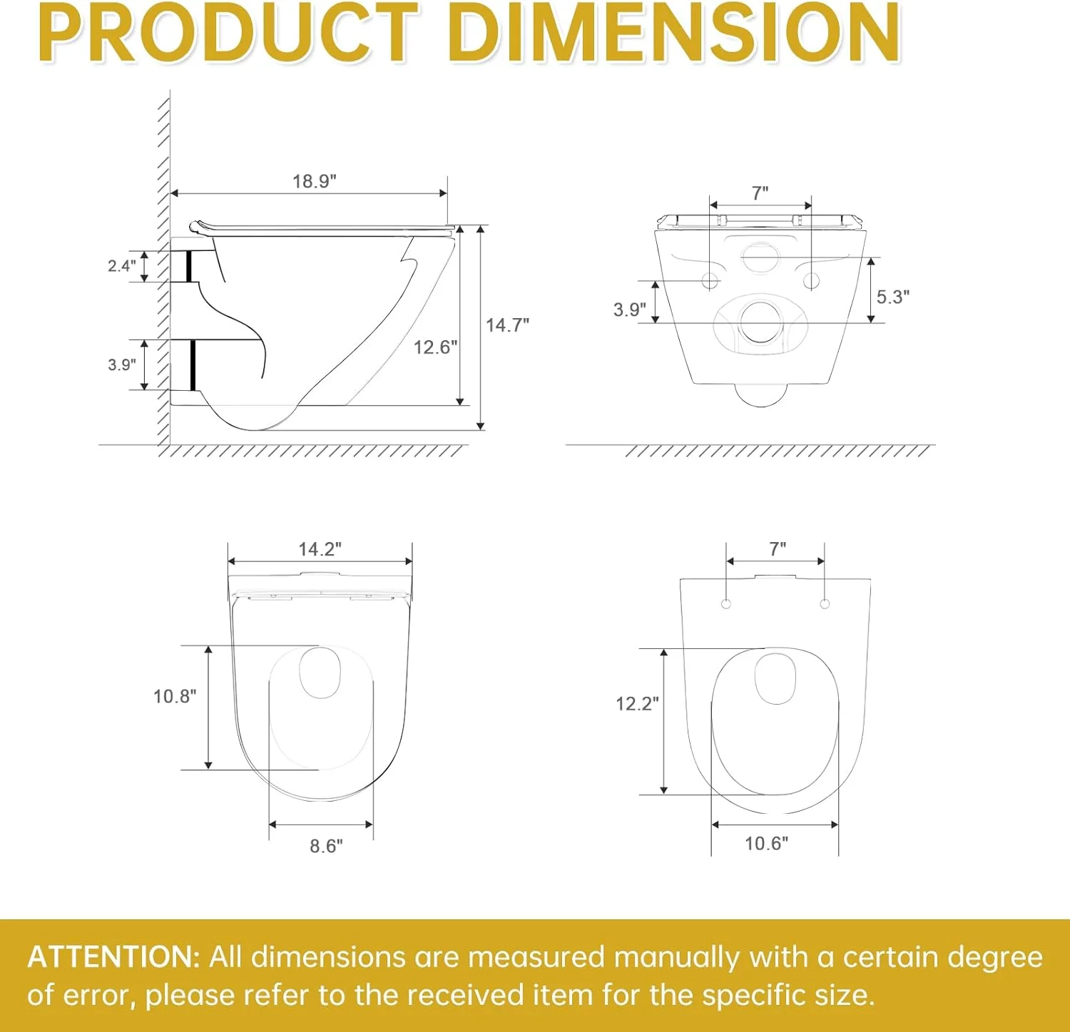 توالت های پشتی به دیوار، توالت دیواری مدرن سرامیکی با صندلی آرام بند، توالت بدون لبه BTW مناسب برای حمام های کوچک، بدون سیفون مخفی توالت، 48D x 36W x 37.3H سانتی متر، فایندپوت