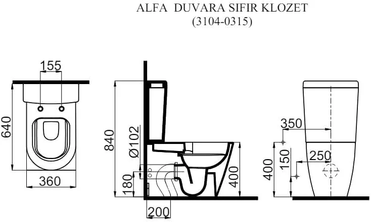 ست توالت فرنگی ایستاده، بدون لبه، مدل Alfa پشتی به دیوار (سفید)