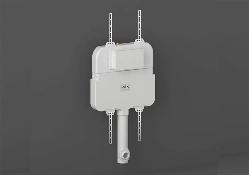 سیفون توکار باریک 8 سانتی متری RAK Ceramics Ecofix مناسب توالت فرنگی بک تو وال با فلاش دوگانه 4.5/3 لیتری | سیفون توالت صرفه جویی در فضا با قاب فلزی