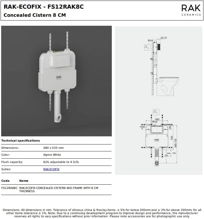 سیفون توکار باریک 8 سانتی متری RAK Ceramics Ecofix مناسب توالت فرنگی بک تو وال با فلاش دوگانه 4.5/3 لیتری | سیفون توالت صرفه جویی در فضا با قاب فلزی