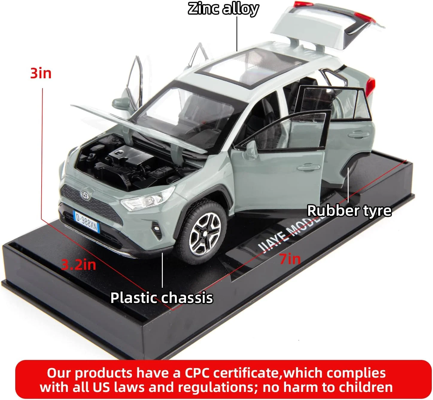 ماکت ماشین WAKAKAC مدل RAV4، مقیاس 1/32، آلیاژ دایکست، کلکسیونی، با قابلیت پخش نور و صدا، قابلیت باز شدن درب ها، اسباب بازی مناسب هدیه برای پسران و کودکان نوپا (خاکستری)