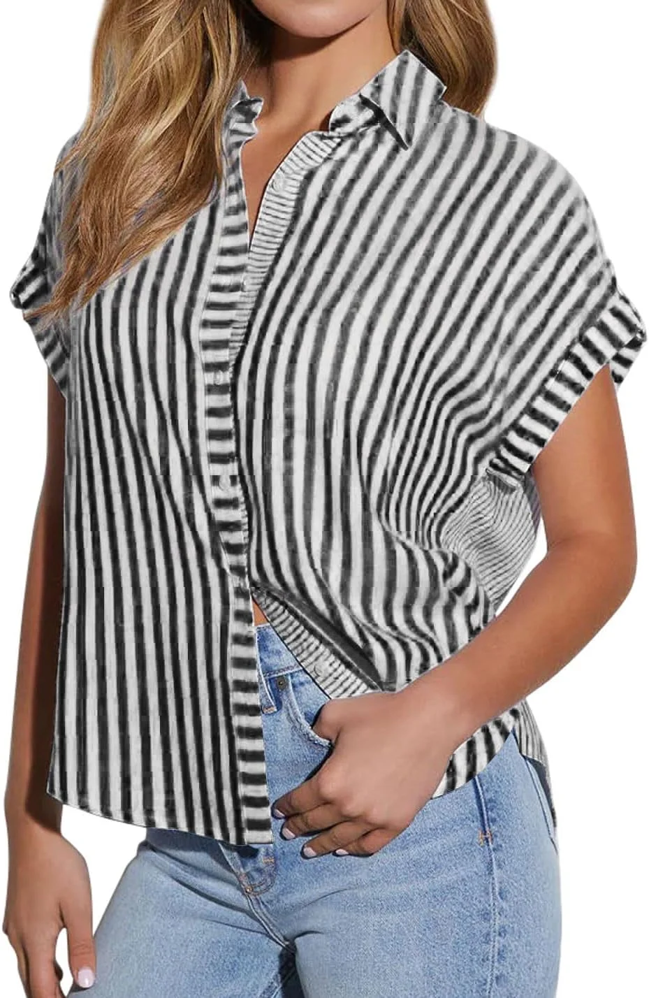 chouyatou بلوز زنانه آستین کوتاه راه راه دکمه دار تابستانی، مناسب برای محیط کار و استفاده روزمره
