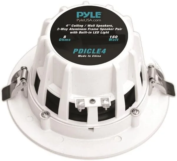 سیستم بلندگوی خانگی دو طرفه Pyle با نصب همسطح داخل دیوار/سقف، دارای چراغ های LED داخلی، بدنه آلومینیومی، گیره های فنری، مخروط پلی پروپیلن و توییتر، آمپلی فایر 2 کاناله 160 وات (PDICLE4) سیستم بلندگوی خانگی دو طرفه Pyle با نصب همسطح داخل دیوار/سقف، دارای چراغ های LED داخلی، بدنه آلومینیومی، گیره های فنری، مخروط پلی پروپیلن و توییتر، آمپلی فایر 2 کاناله 160 وات (PDICLE4)