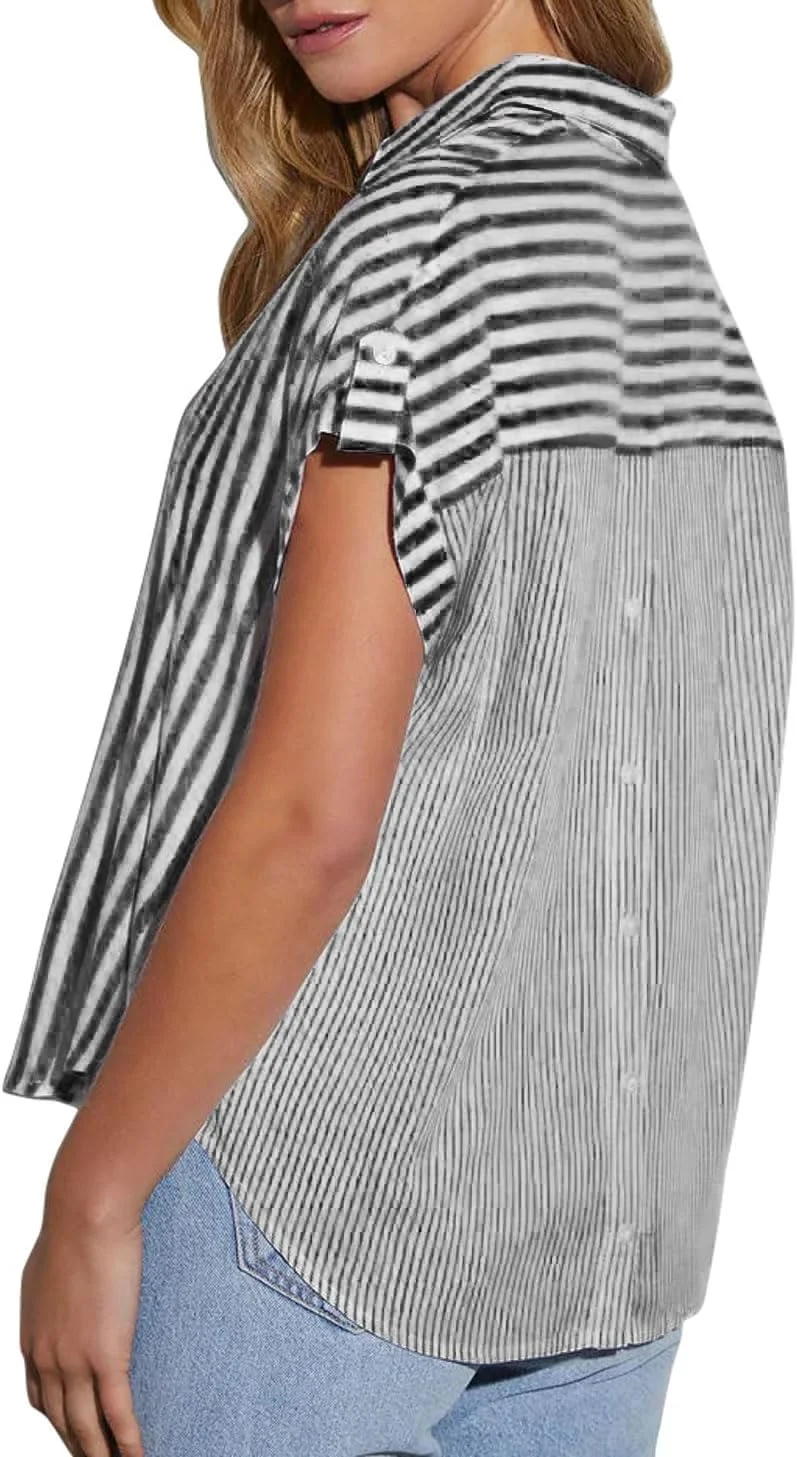 chouyatou بلوز زنانه آستین کوتاه راه راه دکمه دار تابستانی، مناسب برای محیط کار و استفاده روزمره chouyatou بلوز زنانه آستین کوتاه راه راه دکمه دار تابستانی، مناسب برای محیط کار و استفاده روزمره