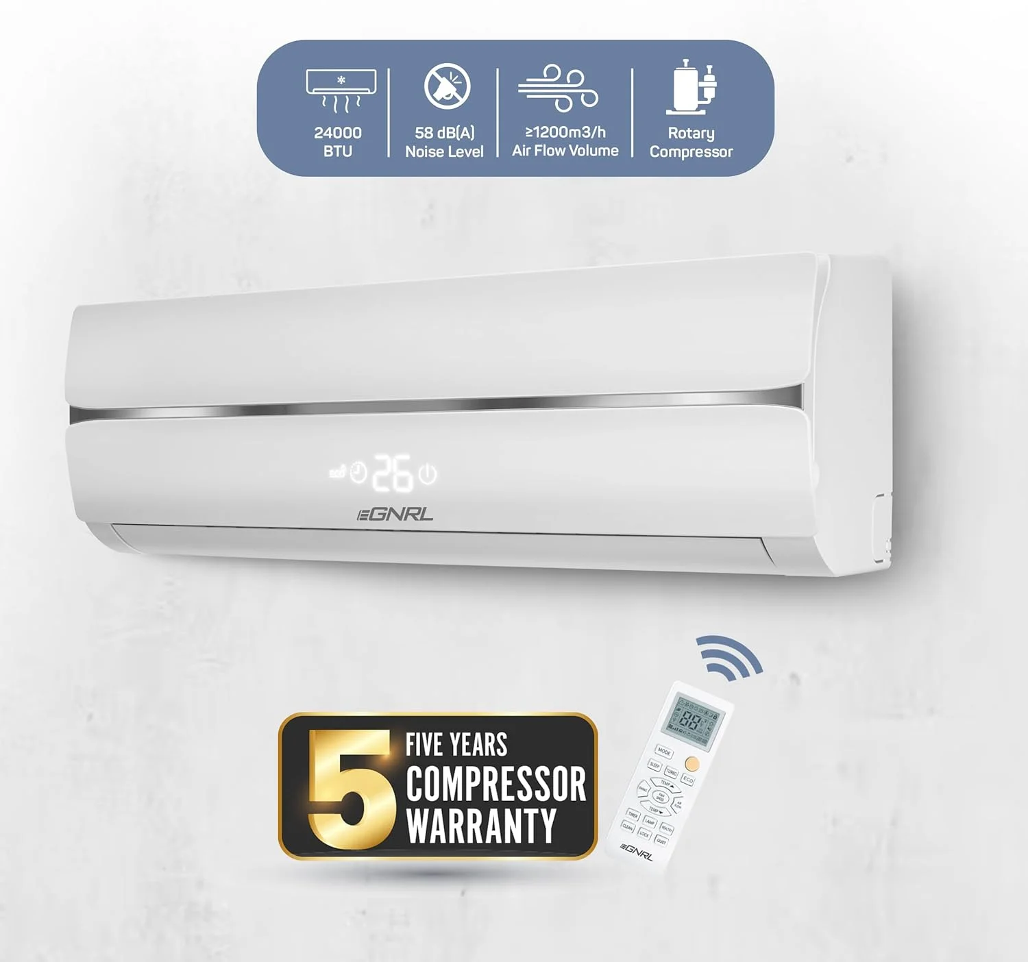 کولر گازی اسپلیت روتاری 2 تن EGNRL مدل T3 سفید R410a، مدل سری جدید 2024 | جریان هوای 4 طرفه، پره های طلایی و راه اندازی مجدد خودکار | دارای ریموت کنترل 2 تن سفید EG24T3N