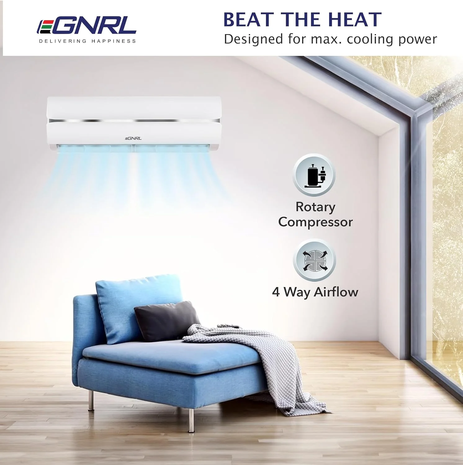 کولر گازی اسپلیت EGNRL سفید 12000 BTU T1 روتاری R410a، مدل EG12C، سری جدید 2024، به همراه کیت لوله 3 متری، فین طلایی، روتاری