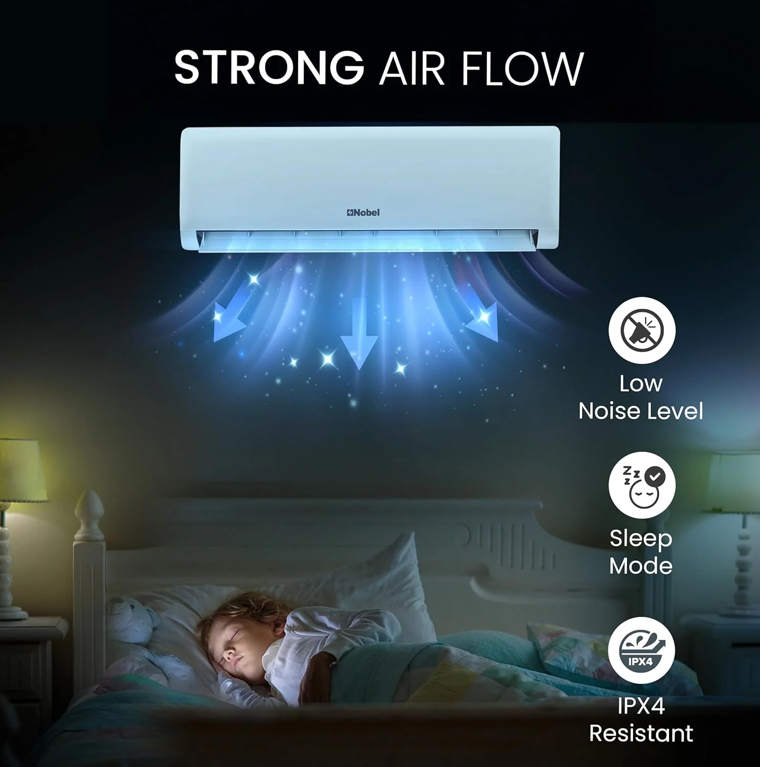 کولر گازی اسپلیت روتاری 1.5 تن، کولر گازی کم مصرف با کمپرسور روتاری گرمسیری T3، گاز R410، کولر گازی 18000 BTU، تکنولوژی Gold Fin، راه اندازی مجدد خودکار، عملکرد بی صدا 1826W - NSAC18T3N سفید